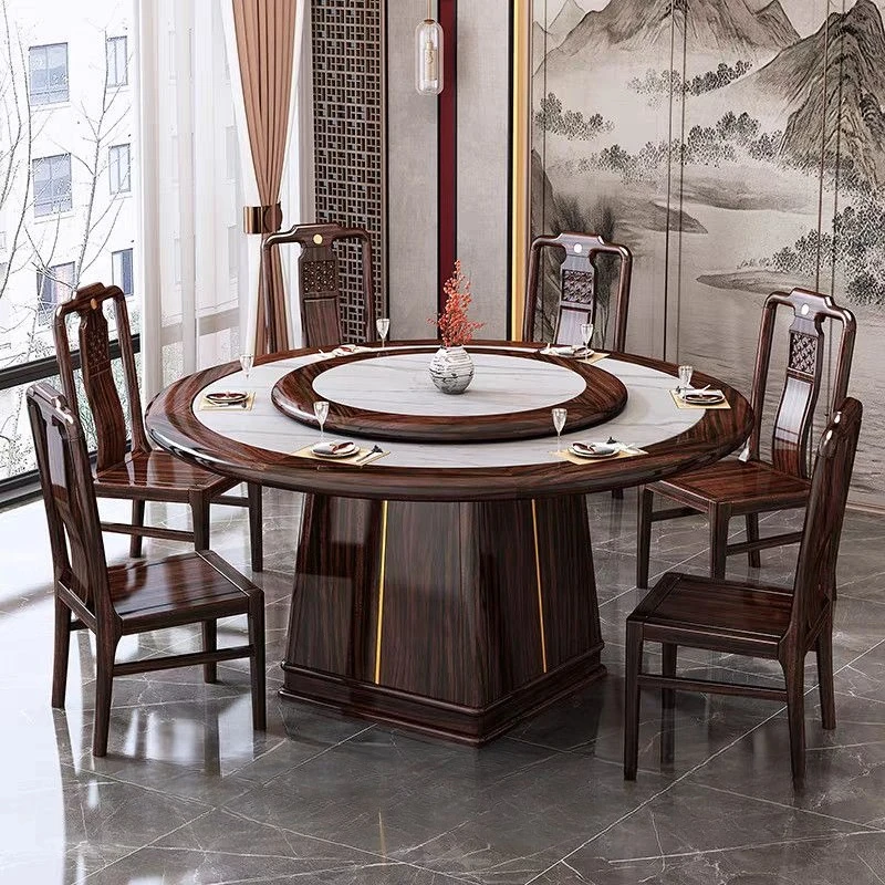 Modern light luxury rock slab dining large round table with turntable dining table y