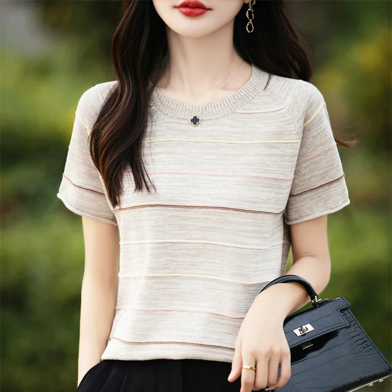 

Summer New T-shirt Women's 100% Pure Cotton Short sleeved Casual Striped Knitted Round Neck Pullover T-shirt Loose Fashion Top