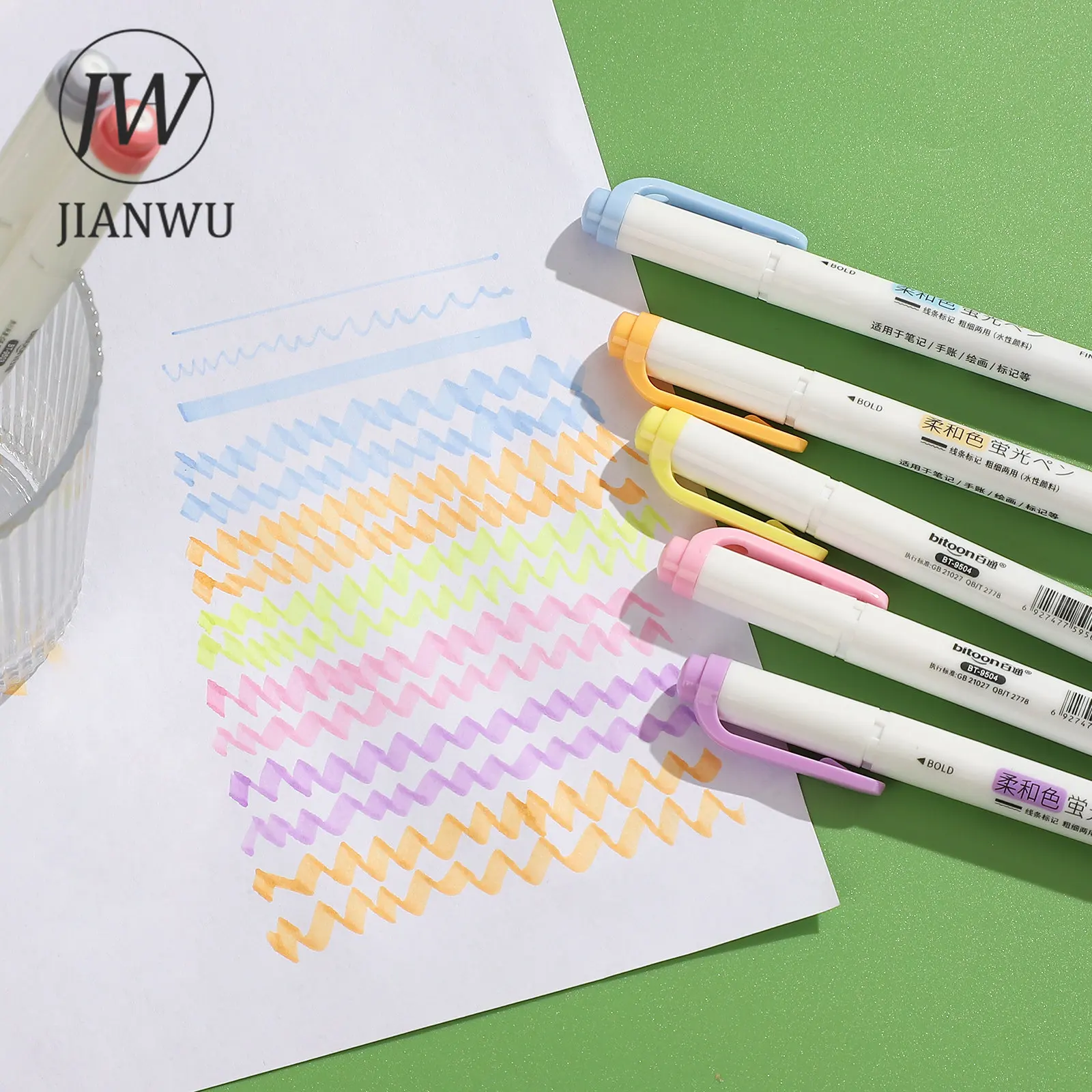 JIANWU 5 Pcs/set Double-ended Eye Protection Highlighter Set Smooth Writing Multicolor Marker Pen Creative DIY Student Supplies