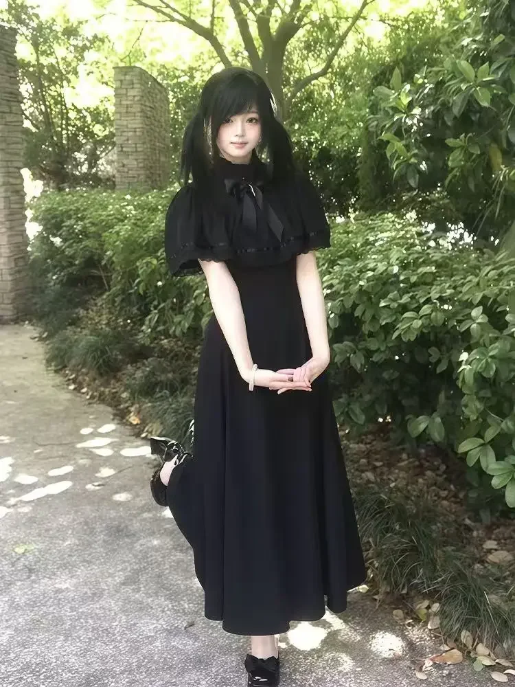 2025 여름 슬림 레이스 드레스 여성 하이 스트리트 빈티지 보우 얇은 블랙 드레스 여성 패션 디자인 새로운 솔리드 의상