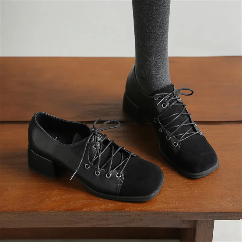 

Новая весенне-осенняя женская обувь из овечьей замши, модная женская обувь в стиле ретро с квадратным носком, женские туфли-лодочки на высоком каблуке, лоферы ручной работы