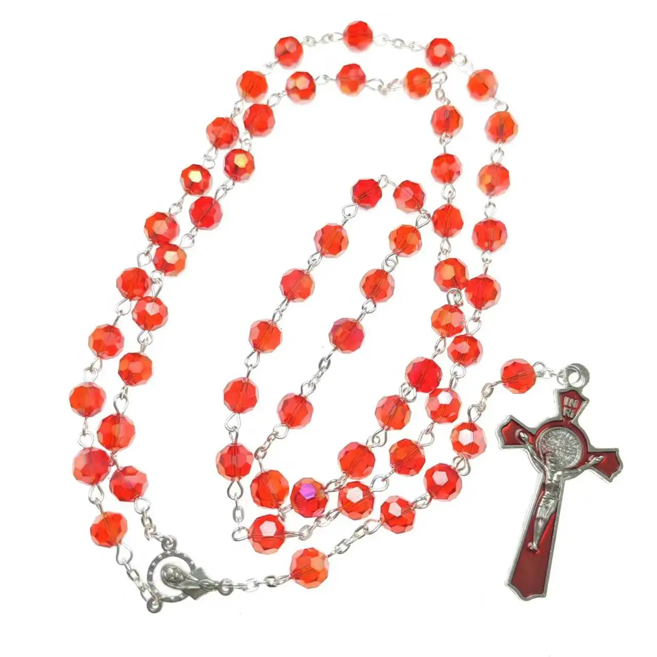 8mm red facet crystal rosary necklace, religious rosary, benedict crucifix rosary with virgin mary center special offer