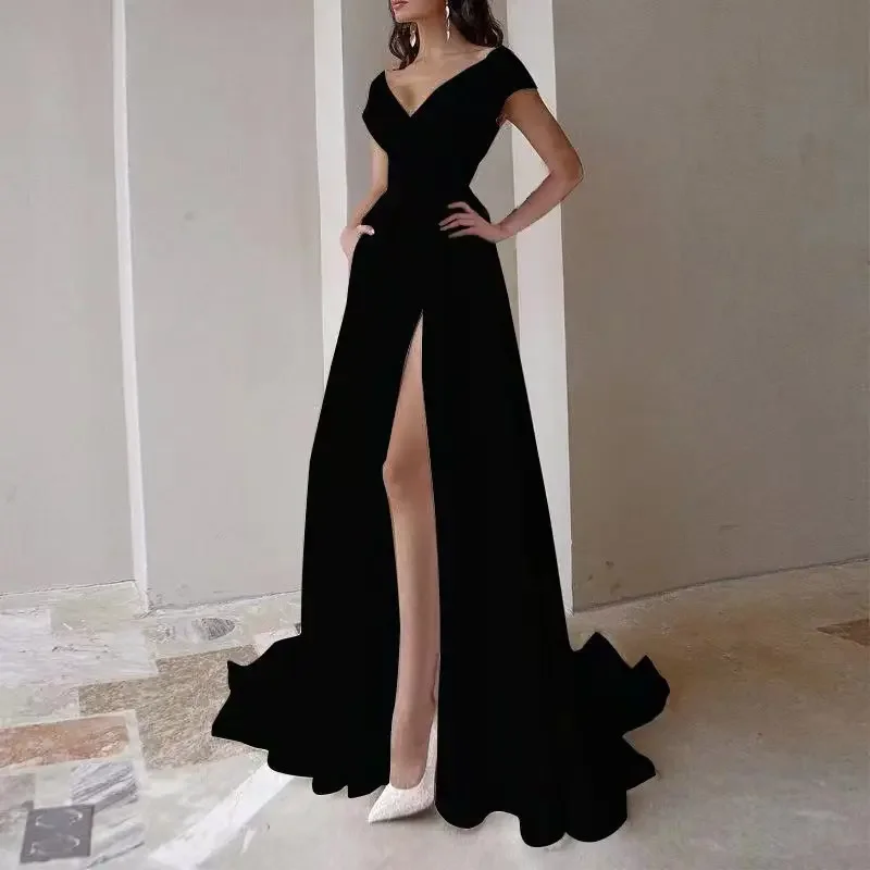 2024 Elegant Long Dress Ruffle Edge Solid Color Crossbody Waist Split Skirt Red Black White Sleeveless Evening Dress