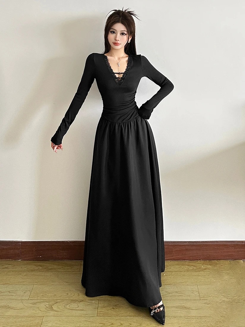 WEIRD PUSS artístico sle longo sve renda guarnição v-ne dr vestido feminino de emagrecimento com cintura mistura de poliéster e elastano