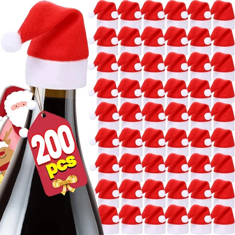 200/2pcs Mini Santa Hat Velvet Wine Bottle Coves Lollipop Caps Christmas Tableware Holder Bag Hats Xmas Party Dinner Table Decor