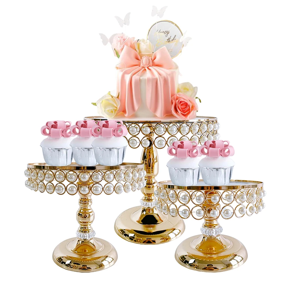 

1-3pcs Pearl Dessert Table Display Set Round Gold Silver Cake Holder Tiered Serving Tray for Cup Cakes Desserts Fruits Candy