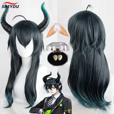 High Quality Malleus Dracqma Cosplay Wig Anime Twisted-Wonderland Long Dark Green Heat Resistant Synthetic Hair Wigs + Wig Cap
