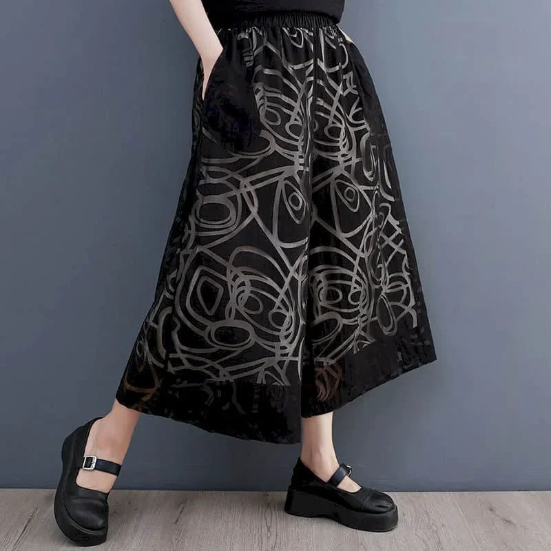 

Pop Striped Straight Pants For Women Casual Vintage Summer Lace Korean Style Elastic Waist Flowing Cropped Trousers Wide Leg Pan
