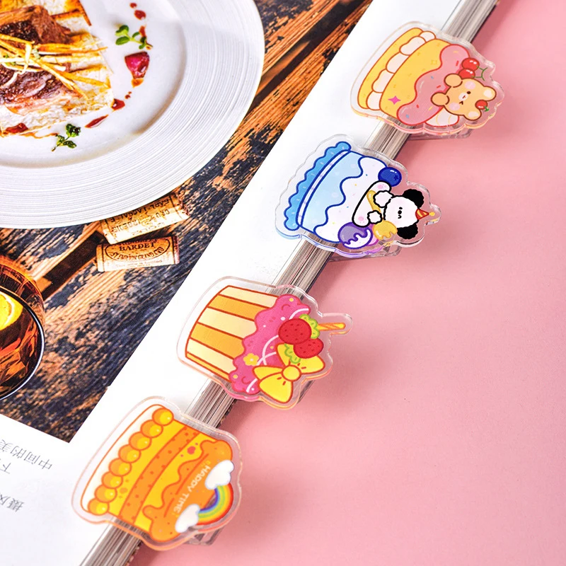 4 pezzi acrilico Kawaii Cartoon Animal Cake Printed Clips Cute Scrapbook Clip accessori per forcine con fiocco fai da te forniture per rilegatura per ufficio