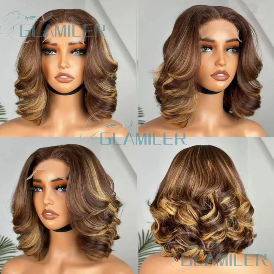 باروكات بوب دانتيل كاملة 360/مزودة مسبقًا، باروكات بوب قصيرة مموجة فضفاضة ومموجة، أشقر بني # 4/27 تسليط الضوء على الشعر البشري 5x5 الحرير أعلى إغلاق الباروكات