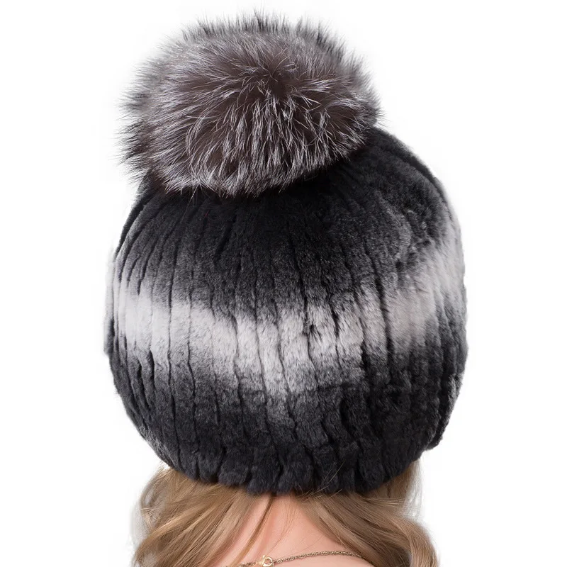 High Quality Rabbit Fur Straw Hat Women Fox Fur Woven Warm Ear Cap Transition Color Hot Selling ﻿
