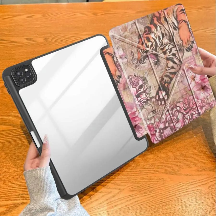 Retro Floral Tiger With Pencil Holder Case for Apple iPad 11th Air 8 M2 M3 3 Pro M4 13 2025 2026 12th 10th Gen 9th Mini 7 6 5