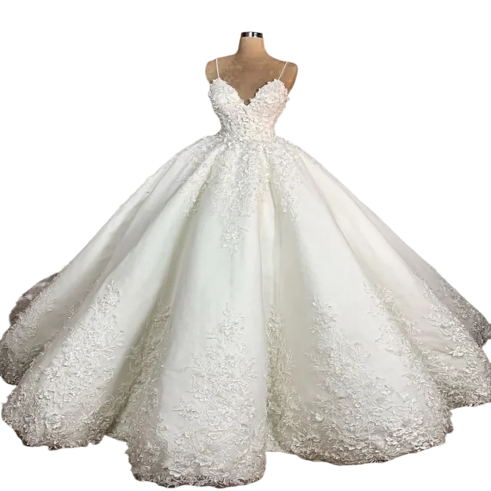 Maßgeschneiderte Brautkleider mit Spaghettiträgern und Herzausschnitt, Spitzenapplikationen, schulterfreies Brautkleid, glitzernde Prinzessinnen-Ballkleider