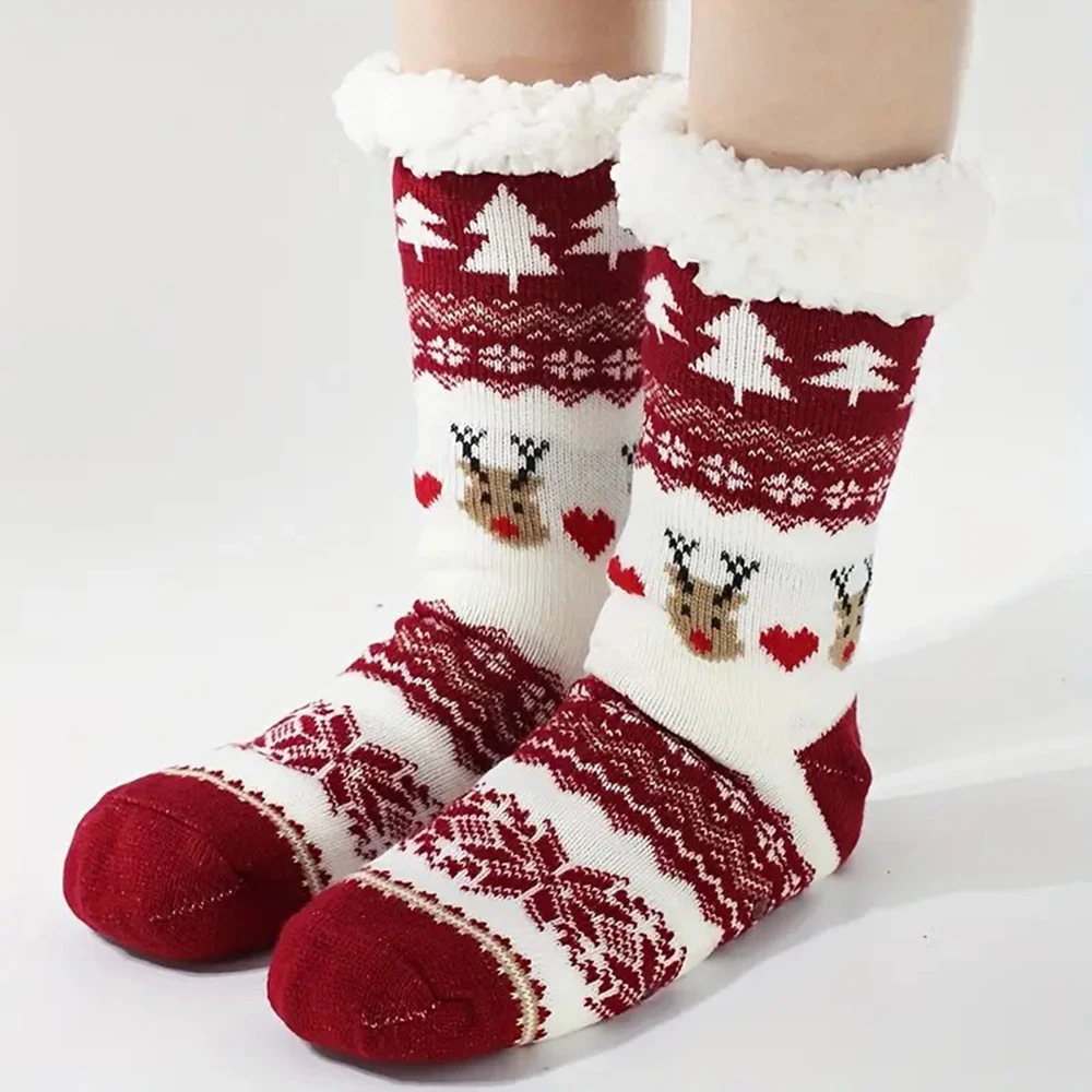 1 Pair Women Reindeer Pattern Mid Tube Socks Fashionable Autumn Winter Cartoon Socks Soft Plush Warm Comfortable Casual Socks