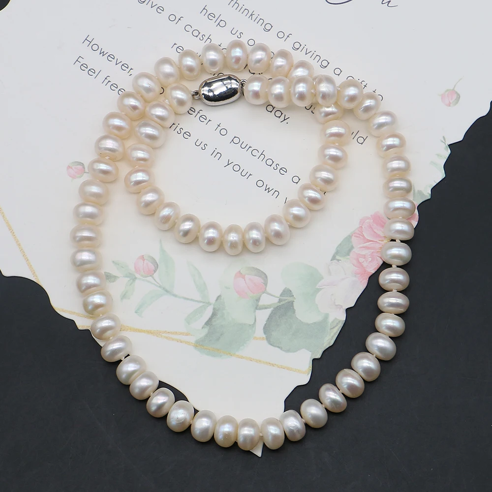 Natural Baroque Pearl Beaded Necklace White Freshwater Flat Pearl 42cm Length Wrist Ornament Elegant Woman Wear Jewelry 7-8mm