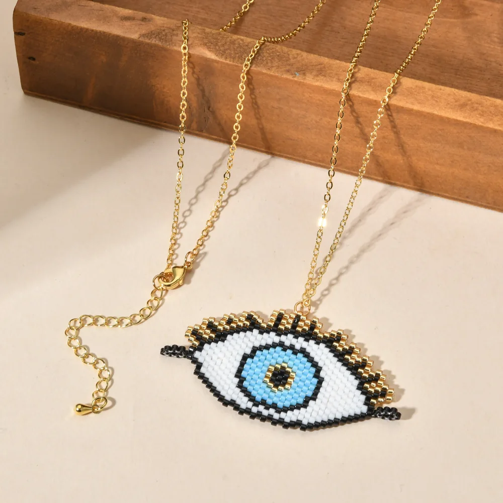 ZGMXR Rice bead necklaceVersatile Pendant Devil's eye Hand knitting Design Fashion Bohemia Female Adjustable Beaded necklace