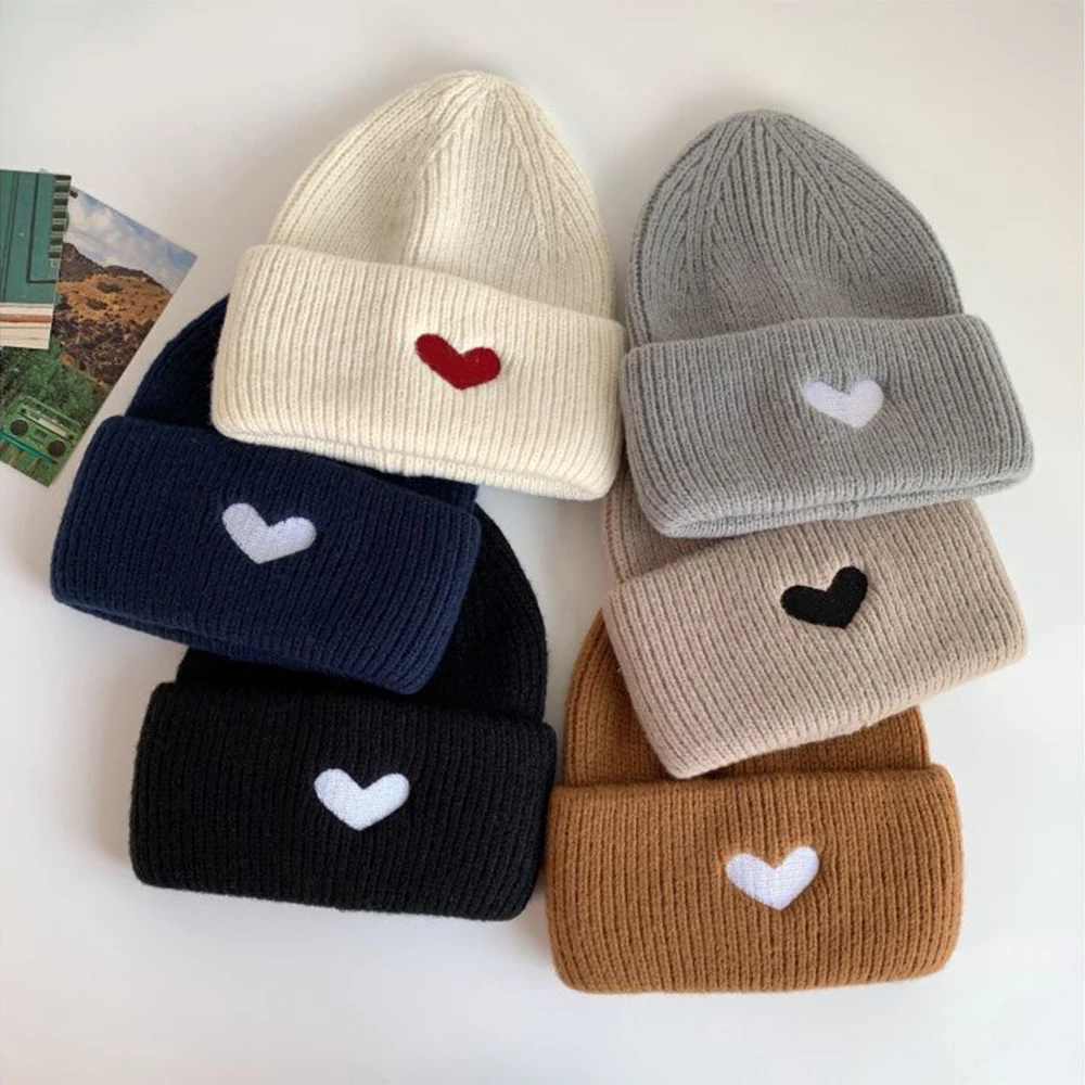 Heart Embroidery Knitting Beanie Hats Keep Warm  Fashion Hip Hop Winter Hat Skulies Beanies Unisex couple Hat  For Cold Weather