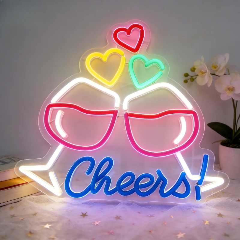 

Cheers Neon Sign LED Night Light Wine Glass Love Heart USB Rechargeable Aesthetic Wall Art for Home Bar Party Wedding Decor