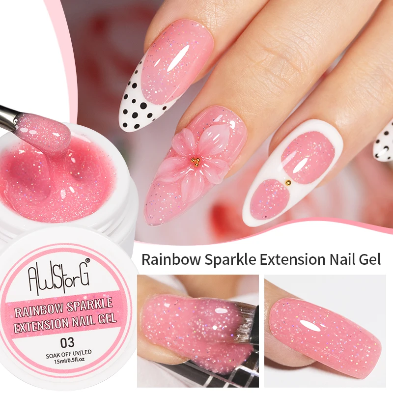 AWStorG Rainbow Sparkle Extension GEL Holographisches Glitzer-Aufbaugel für UV-LED-Hartgel für lange Stiletto-Nägel, Soak-Off, DIY