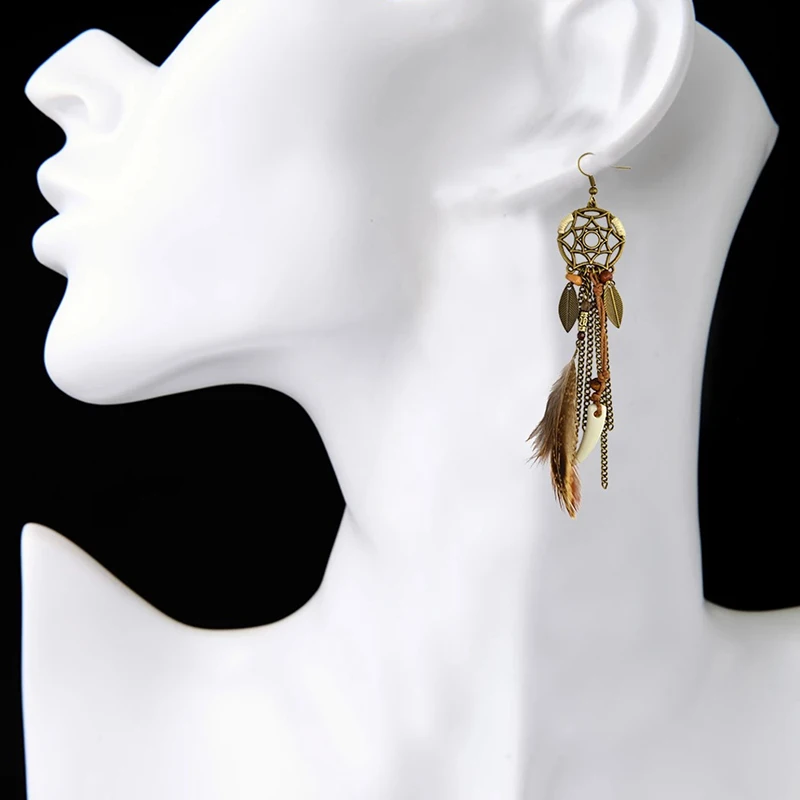 Boho Ethnic Dream Catcher Feather Antique Long Hook Earrings Fancy Handmade Chain Tassle Earring For Women Jewelry