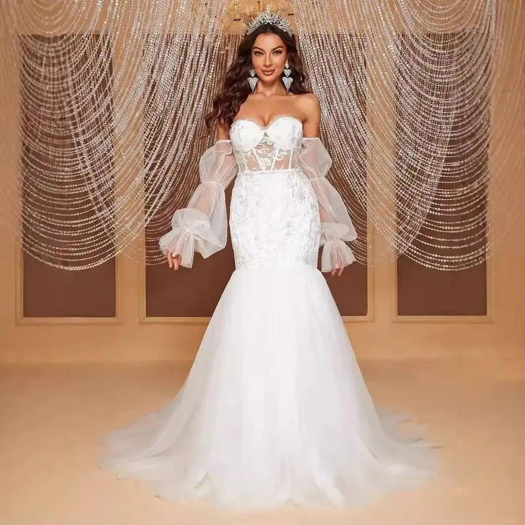 

Princess Puffy Sleeves A Line Wedding Dresses Sweethear Off The Shoulder Lace Appliques Boho Beach Bridal Gowns Novias Plus Size