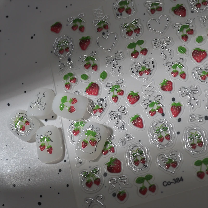 1 Sheet Chic Self Adhesive Manicure Decal Lovely Red Fruit Strawberry Bowknot 5D Nail Art Stickers DIY Accessories