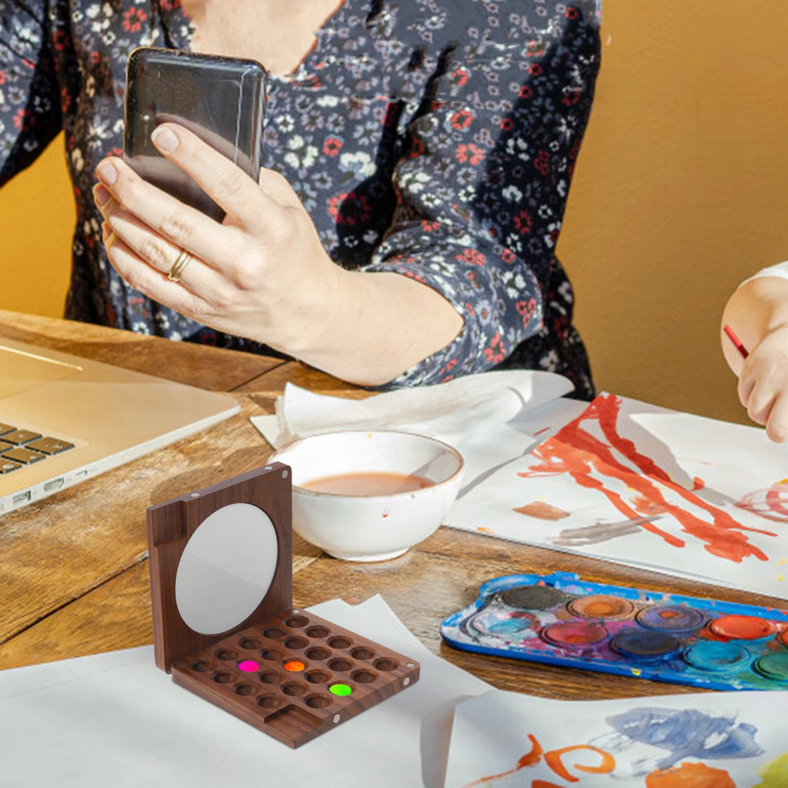 

1pc Mini Watercolor Walnut Wood Paint Box Portable Watercolor Travel Kids Portable Set Empty Pallets Mixing Tray