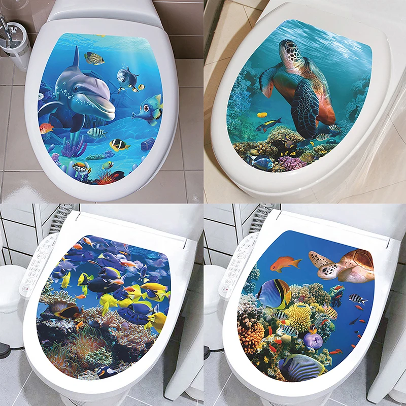 Multi Styles Undersea Animal Pattern Toilet Lid Stickers Bathroom Decoration Bathroom Removable Painting Mural Toilet Lid Cover