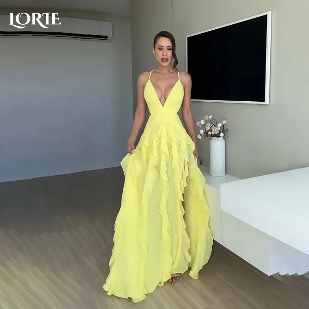 

LORIE Spaghetti Straps Mermaid Evening Dresse Tulle V Neck Pleats Sexy A-Line Ruffle Prom Dress Customized Slit Bride Party Gown