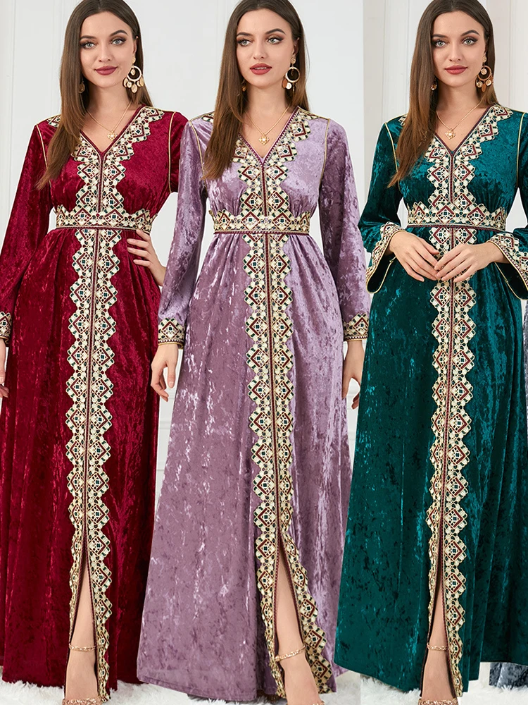 Winter Velvet Muslim Dress Women Abaya Embroidery Morocco Party Dress Thicken Split Abayas Kaftan Islam Turkey Arabic Long Robe