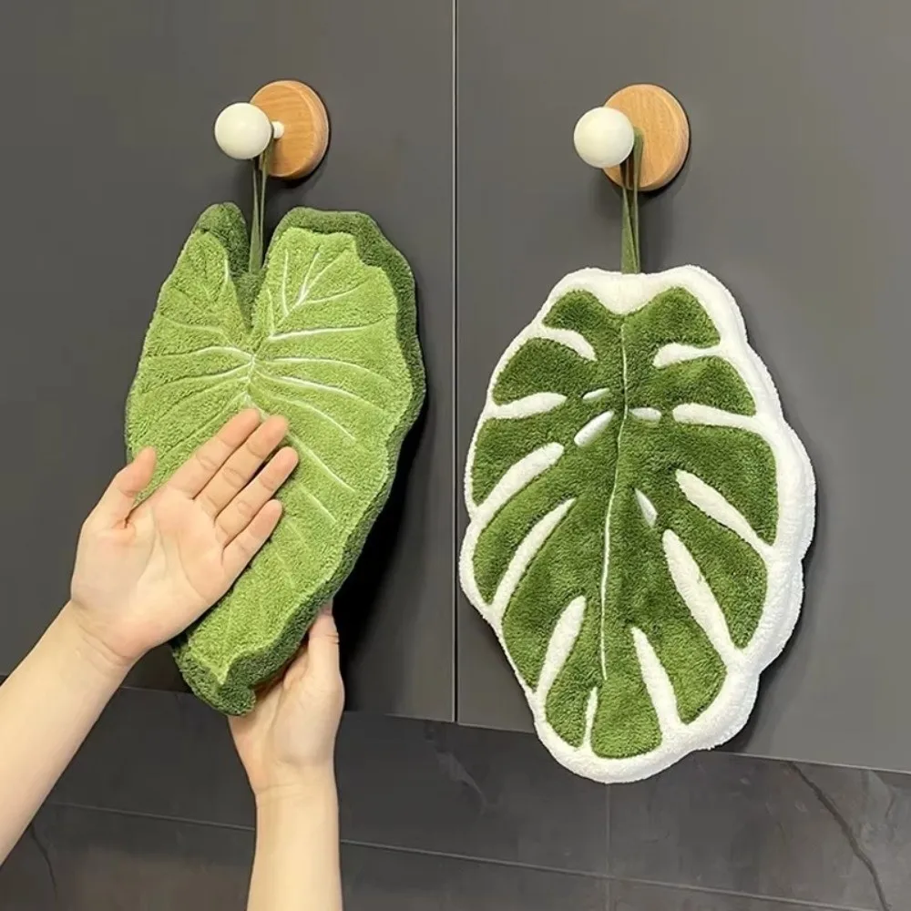 New Cartoon Leaf Hand Towel Absorb Water Thickened Kitchen Handkerchief Hanging Coral Velvet Cleaning Cloth Kitchen