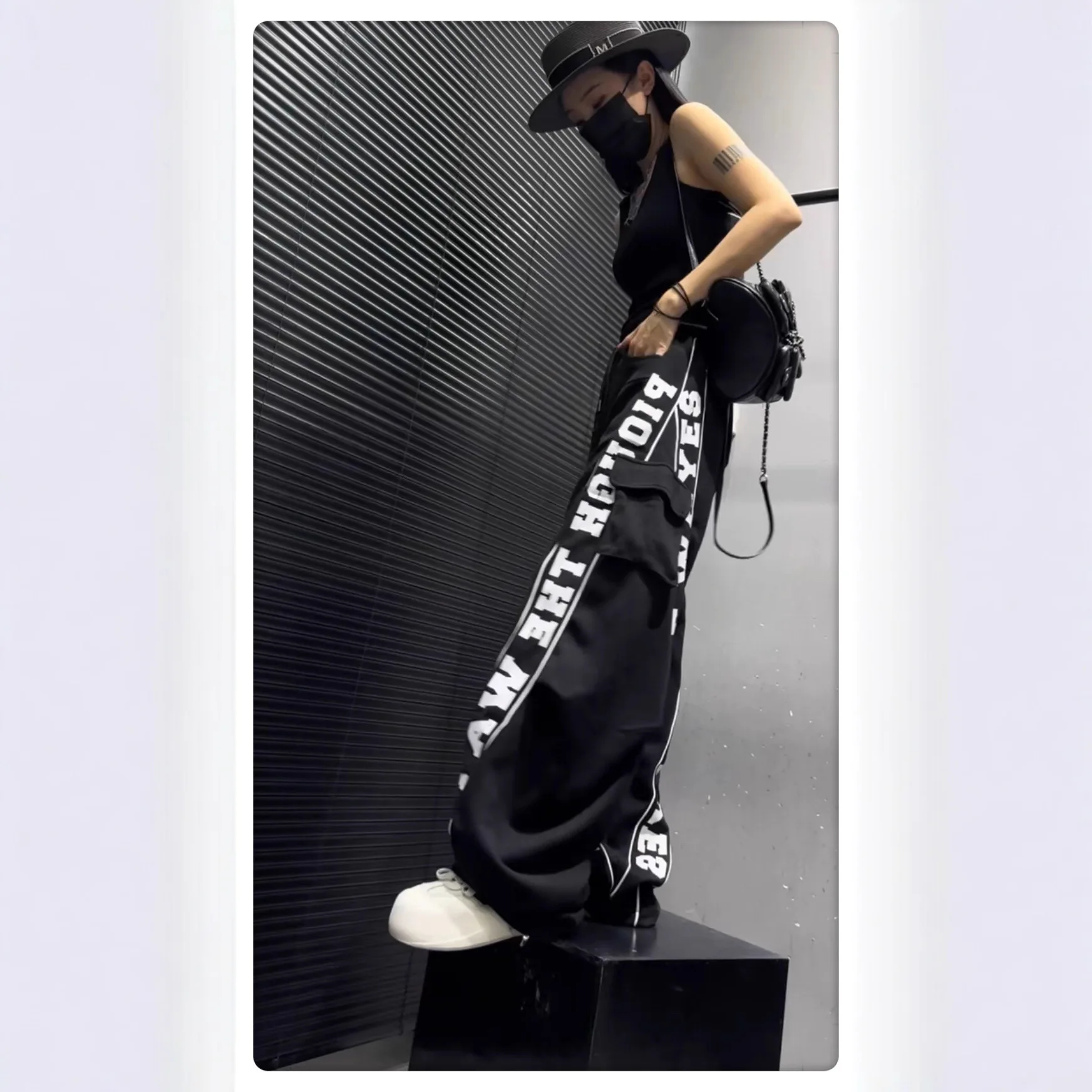 European Style Pants for Women 2025 Autumn New Personalized Letter Print Side Large Pocket Loose Long Pants Cargo Pants Women