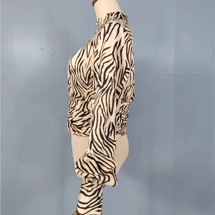 Elegancka, gładka tkanina, wysokiej jakości stójka, wzór zebry, rękaw typu latarnia, bluzka damska premium, wysoka jakość, transgraniczna...