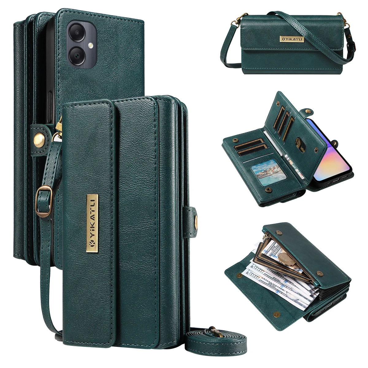 

For Samsung Galaxy A05 4G Case YIKATU YK-008 Zipper Wallet Leather Phone Cover with Shoulder Strap - Green