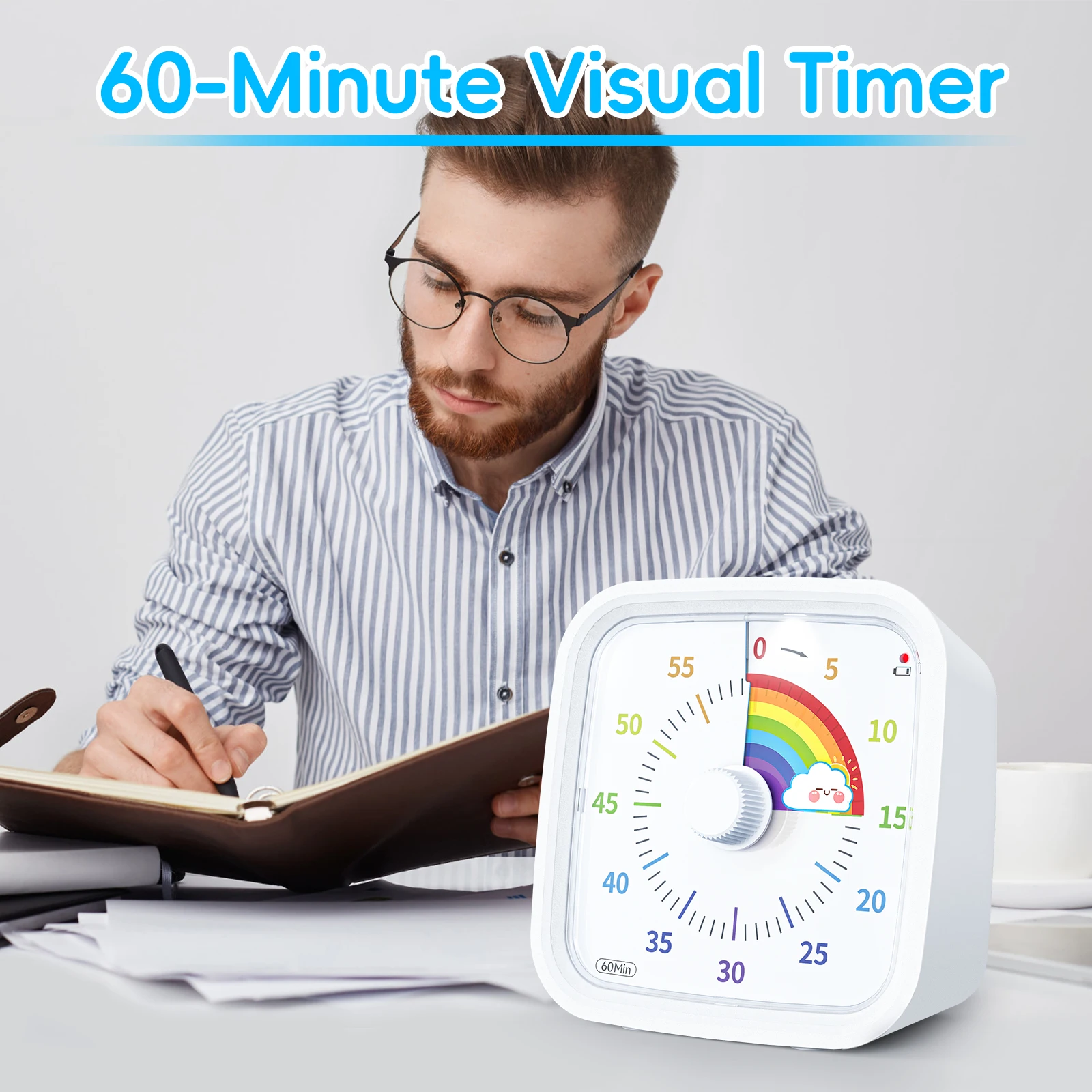 Minuterie visuelle avec étui de protection, compte à rebours de 60 minutes avec indicateur de faible puissance, minuterie d'apprentissage silencieuse pour tous âges