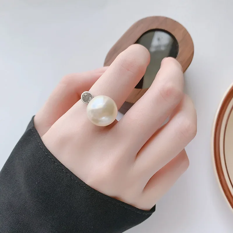 

Luxury Adjustable Pearl Ring with Zircon Accent Available in White Gold Gray Tones Minimalist Style Perfect Gift Women Jewelry