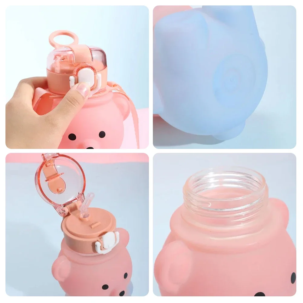 Large Capacity Water Bottle 800ml Portable Backpack Kettle Mug With Straw Kids Cartoon Bear Plastic Sippy Cup  Drink Container