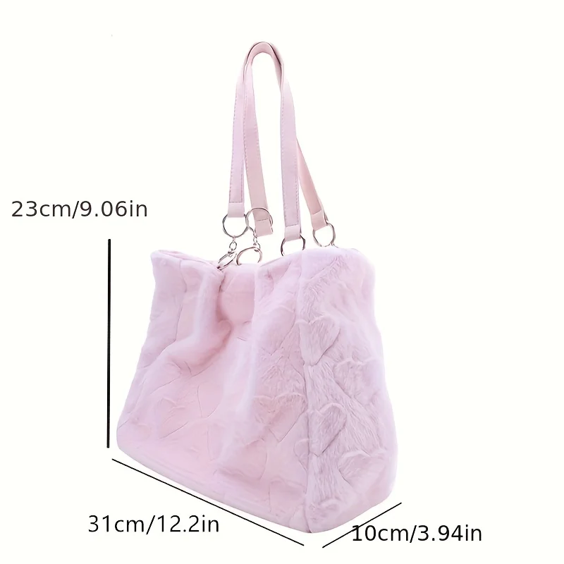 Cute Plush Heart Pattern Large Capacity Tote Bag Wool Like Furry Textured Shoulder Bag Casual Versatile Underarm bag