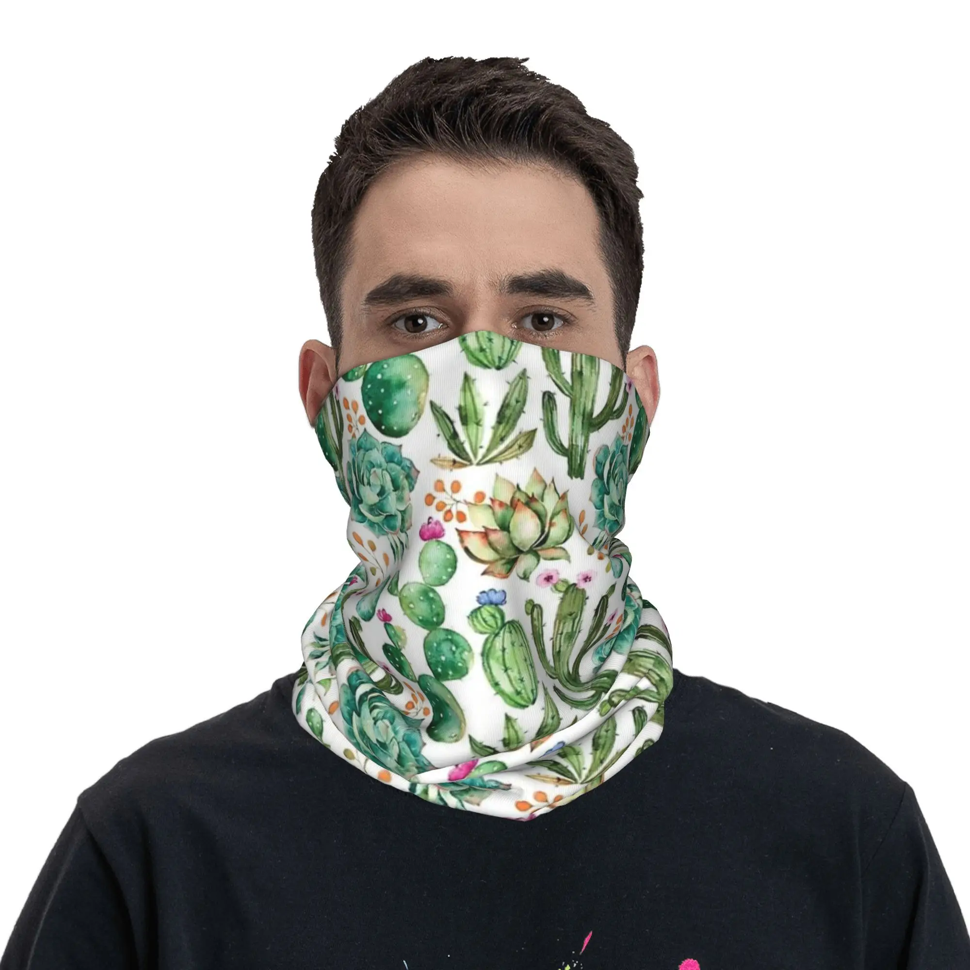 Watercolor Cactus Pattern Bandana Neck Cover Printed Face Scarf Multifunction Face Mask Outdoor Sports For Men Women Adult