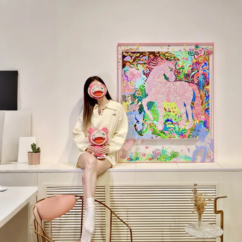 Dopamine living room decoration painting, cartoon abstract bedroom dining room mural rainbow pony porch painting cream wind