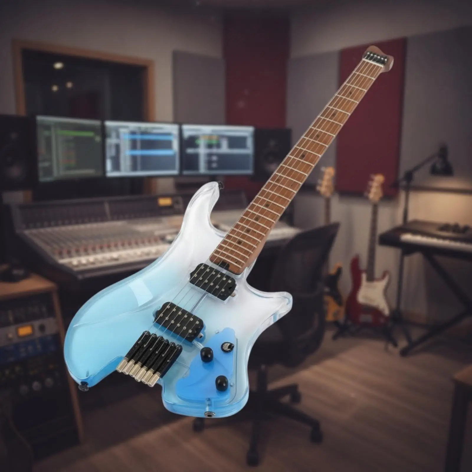 No-Headstock Electric Guitar Transparent Guitar with Acrylic Body Clear for Guitarists, Itinerant Guitarists, Travel, Rehearsal