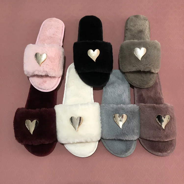 New Spring and Autumn 2026 Heart-shaped One-line Flat Slippers for Indoor Home Use, Woolen Slippers for Women, Korean Version