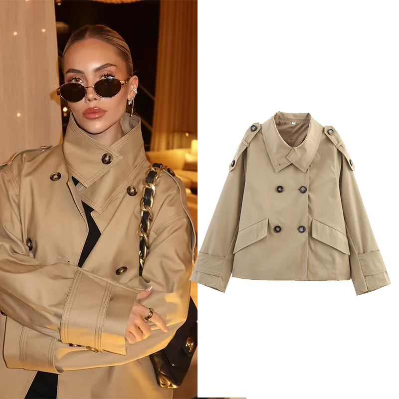 

TRAF Women Double-Breasted Trench Coat Fashion Office Lady Loose Turn Down Collar Long Sleeves Windbreaker Women's Outerwears