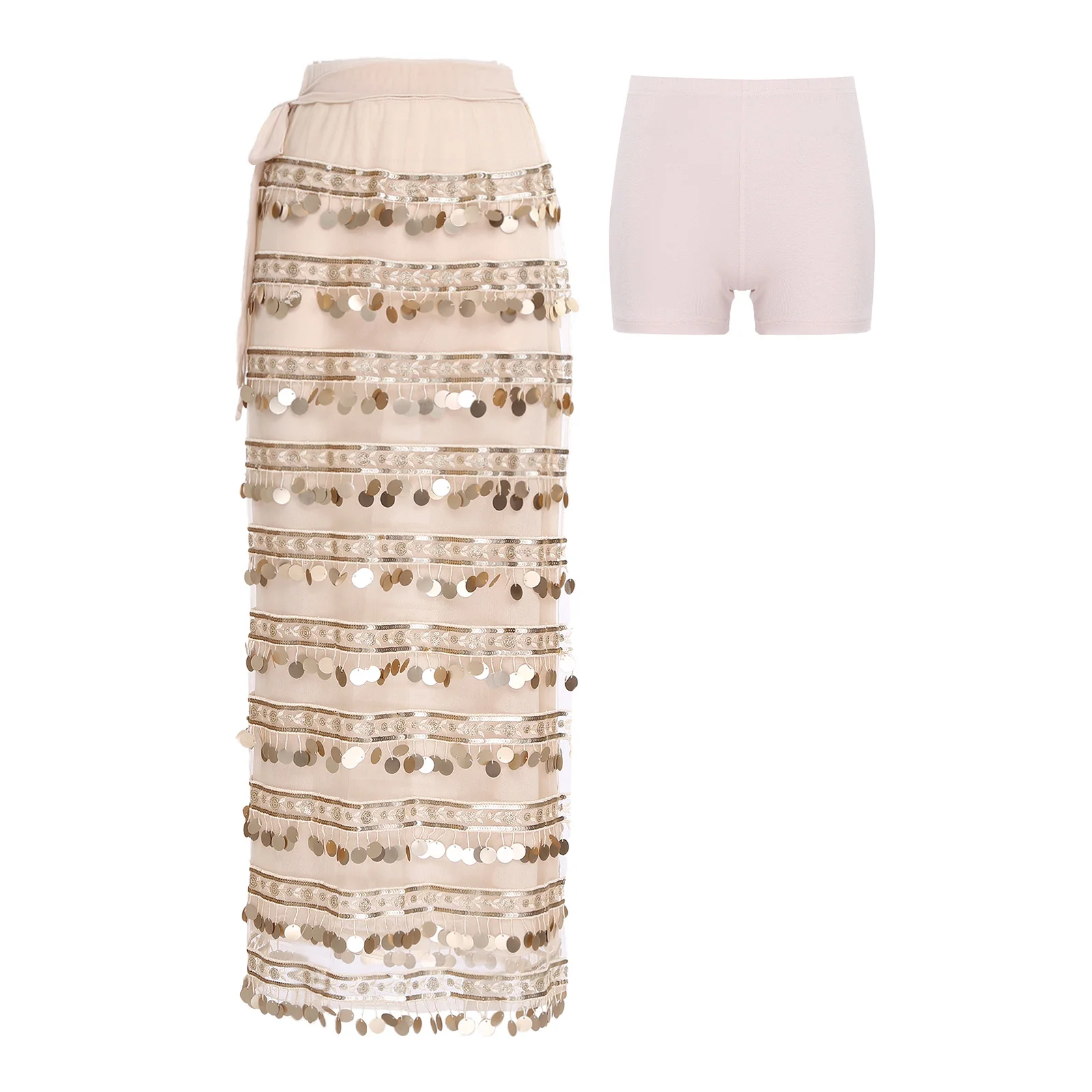 

Women Belly Dance Maxi Skirt with Safety Shorts Tiered Sequin Tassel Slit Hem with Lined Skirt Dancewear for Samba Spanish Dance