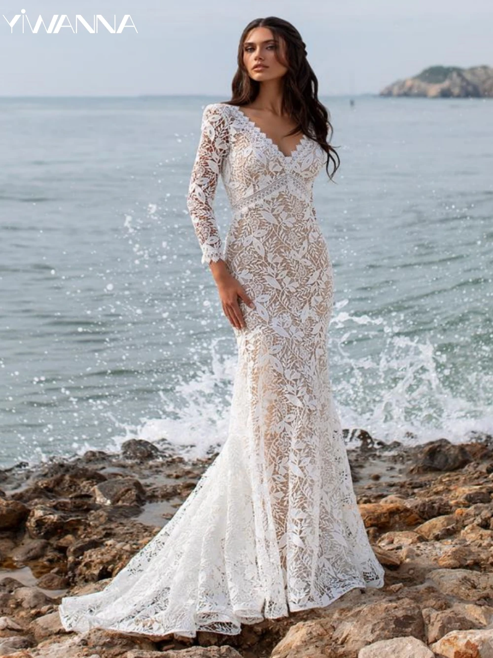 Vestido De novia largo con escote en V profundo, traje De novia clásico con apliques De encaje, elegante, para playa, 2024