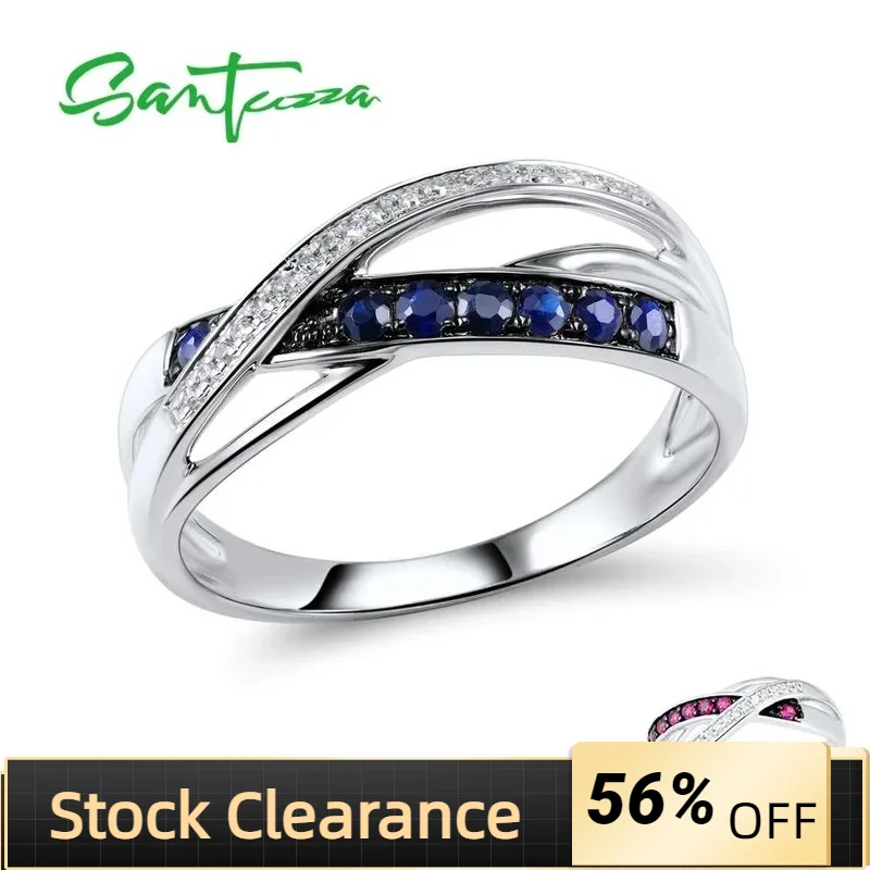 

SANTUZZA 100% 925 Sterling Silver Ring For Women Sparkling Created Ruby Blue Nano Cubic Zirconia anillos Trendy Fashion Jewelry