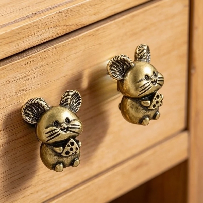 Vintage Brass Drawer Pulls, Cute Cheese Mouse-themed Creative Cabinet Knob Handles, Furniture DIY Decoration for Home.