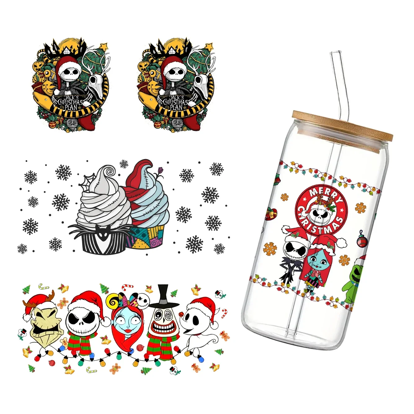 11x24cm Jack Skellington Disney pesadilla antes de Navidad UV DTF pegatina impermeable para vaso de cristal regalo artesanal DIY
