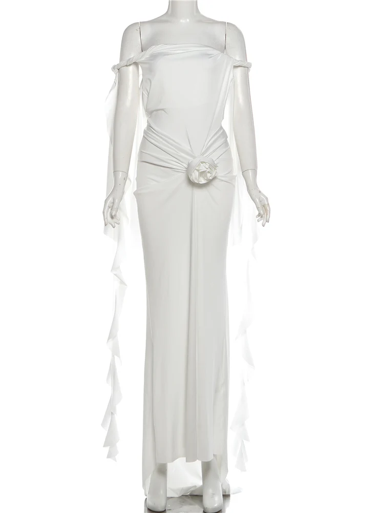 Nibber babados borlas 3d flores maxi vestido feminino slash neck sem costas assimétrico bainha dobras férias elegante chique vestidos