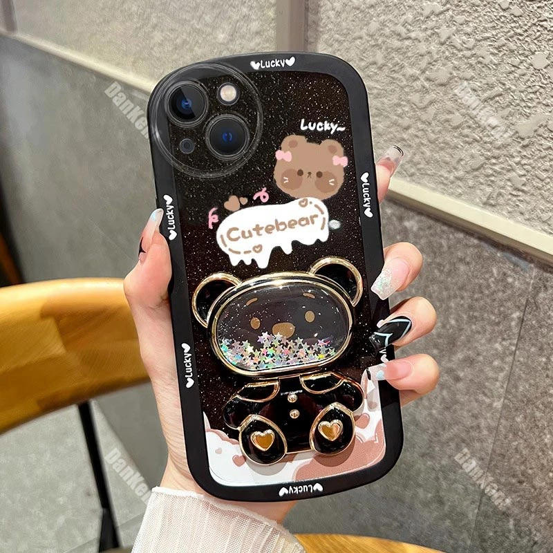 Bear Makeup Mirror Silicone Holder Phone Case For iPhone 13 11 12 15 14 Pro Max 15 14 Plus 6 6S 7 8 Plus XR X XS XSMax Cover